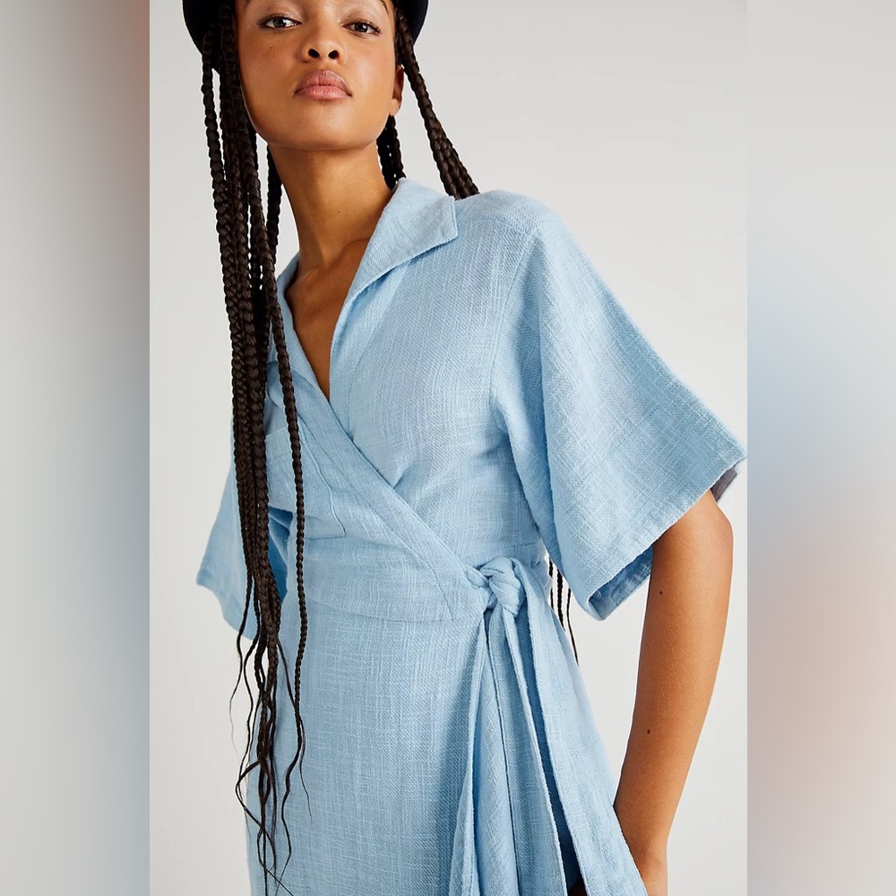 Free People Carefree Midi Dress Light Blue Wrap 100% cotton size xs